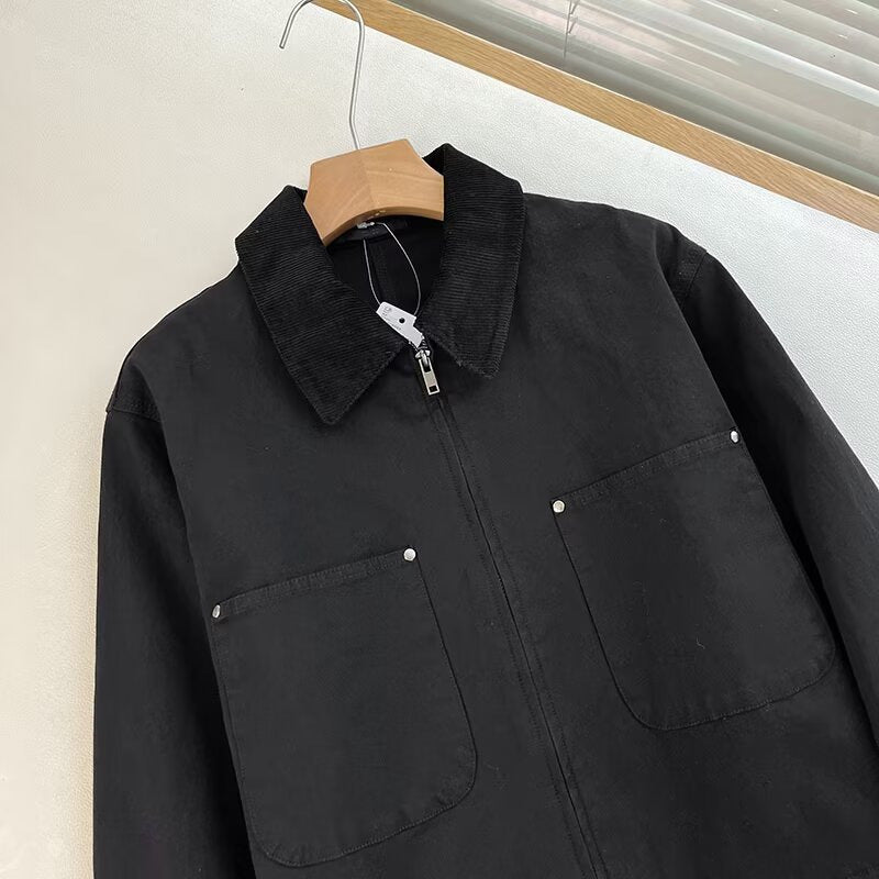 Cropped Corduroy Collar Barn Jacket - black - 1