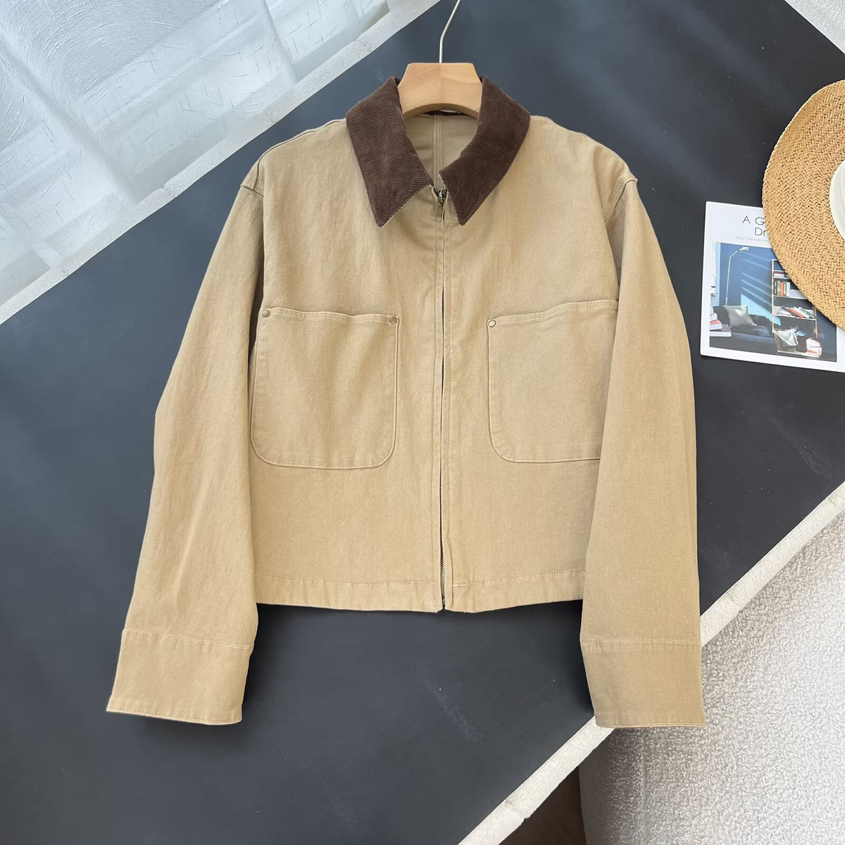 Cropped Corduroy Collar Barn Jacket - khaki