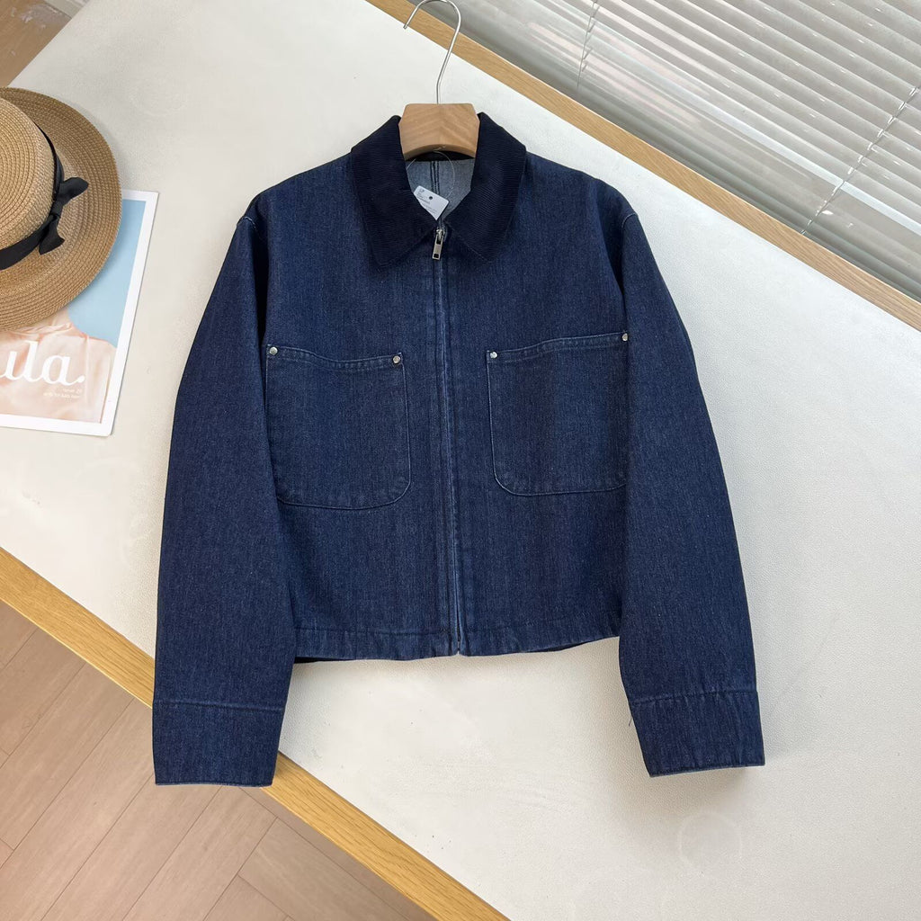 Cropped Corduroy Collar Barn Jacket - navy