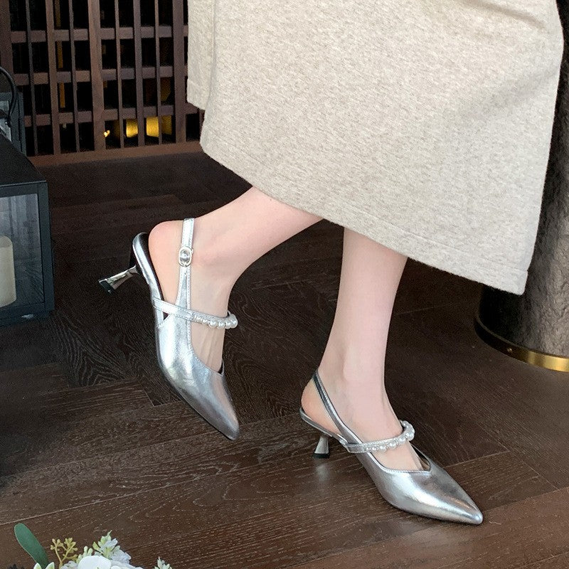 Pearl Strap Pointed Toe Slingback Kitten Heels