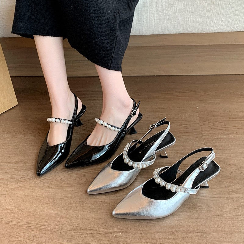 Pearl Strap Pointed Toe Slingback Kitten Heels