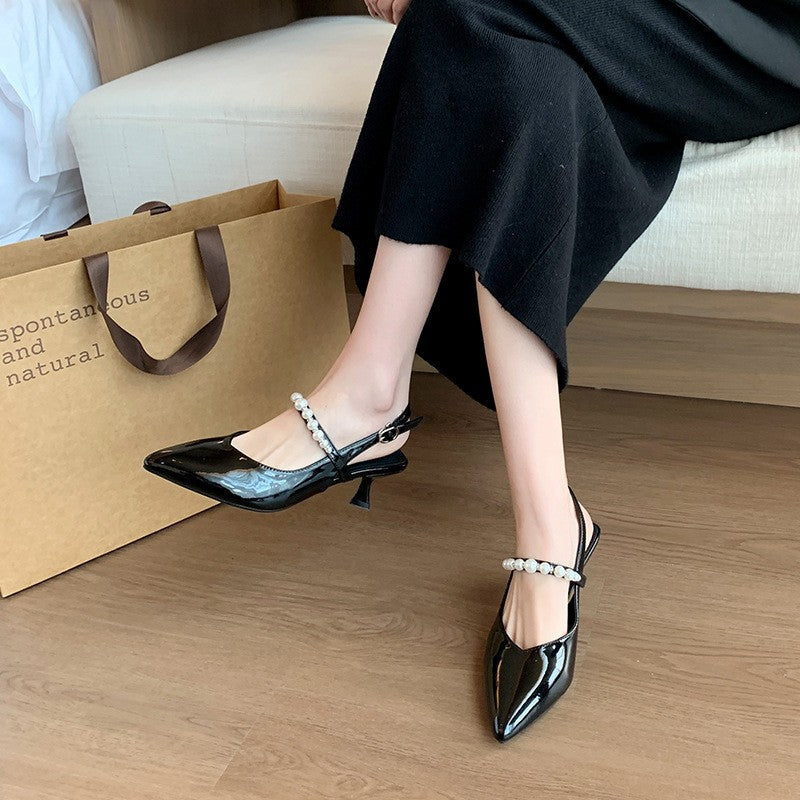 Pearl Strap Pointed Toe Slingback Kitten Heels