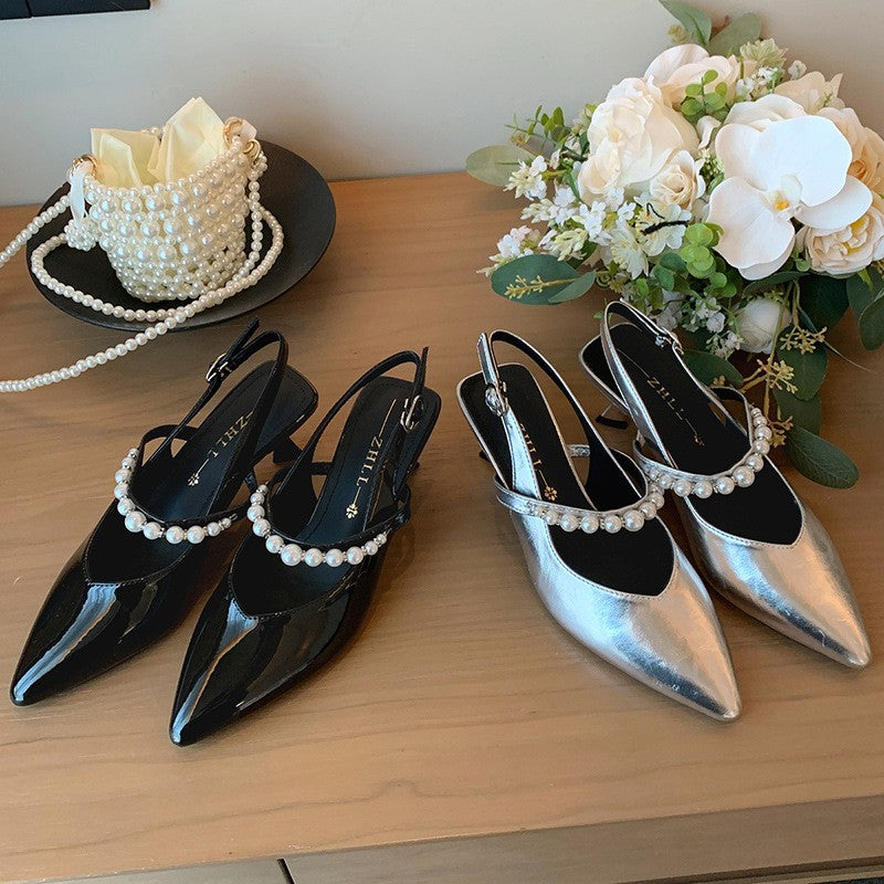 Pearl Strap Pointed Toe Slingback Kitten Heels