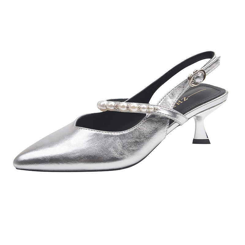Pearl Strap Pointed Toe Slingback Kitten Heels