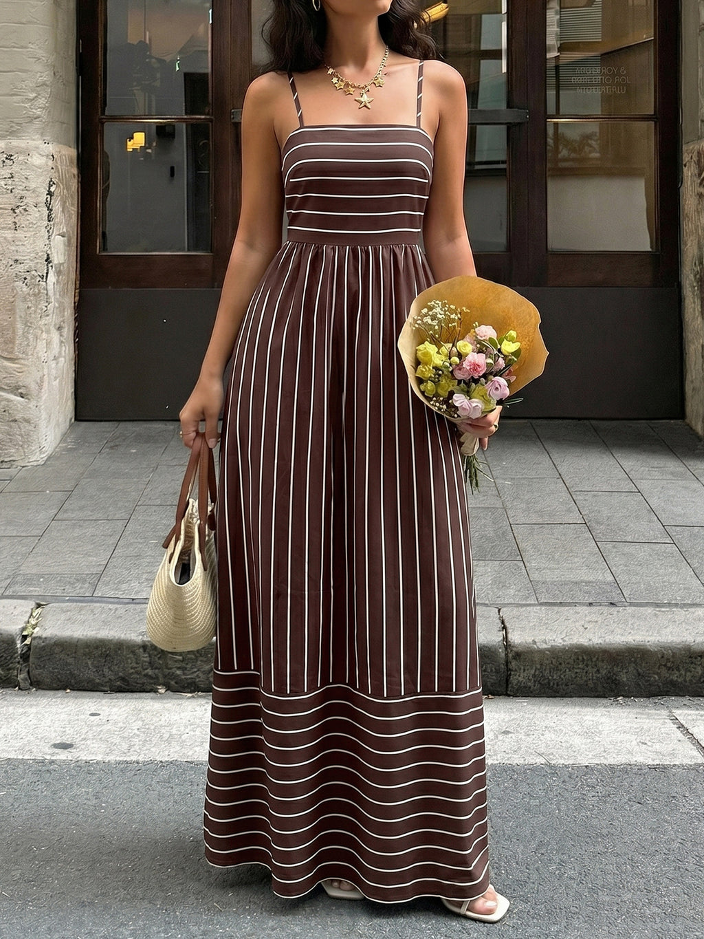 Vertical Stripe Backless Maxi Dress - Coffee