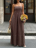 Vertical Stripe Backless Maxi Dress - Coffee