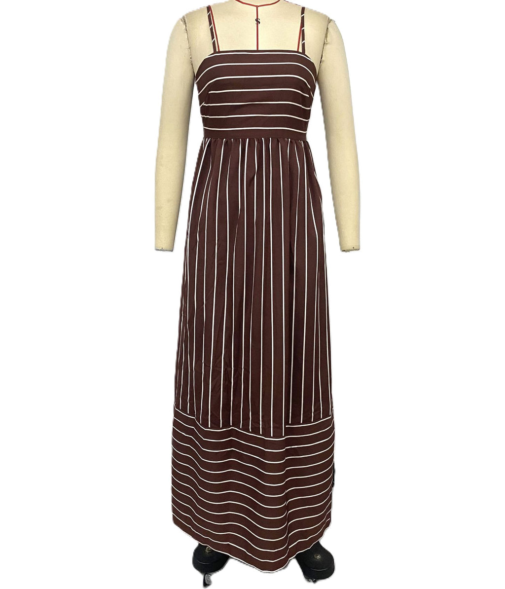 Vertical Stripe Backless Maxi Dress - Coffee - 1