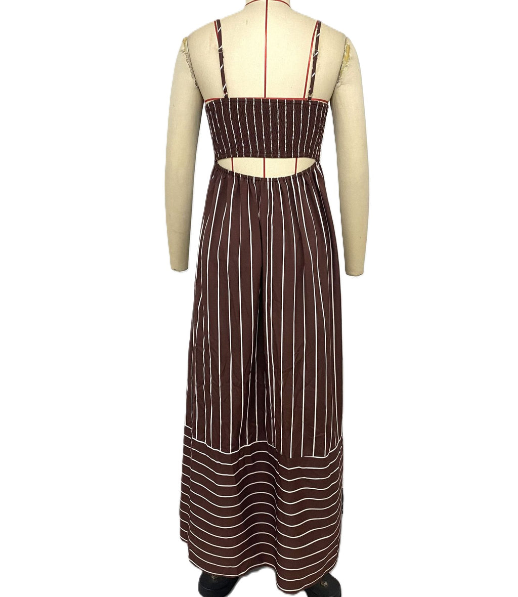 Vertical Stripe Backless Maxi Dress - Coffee - 2