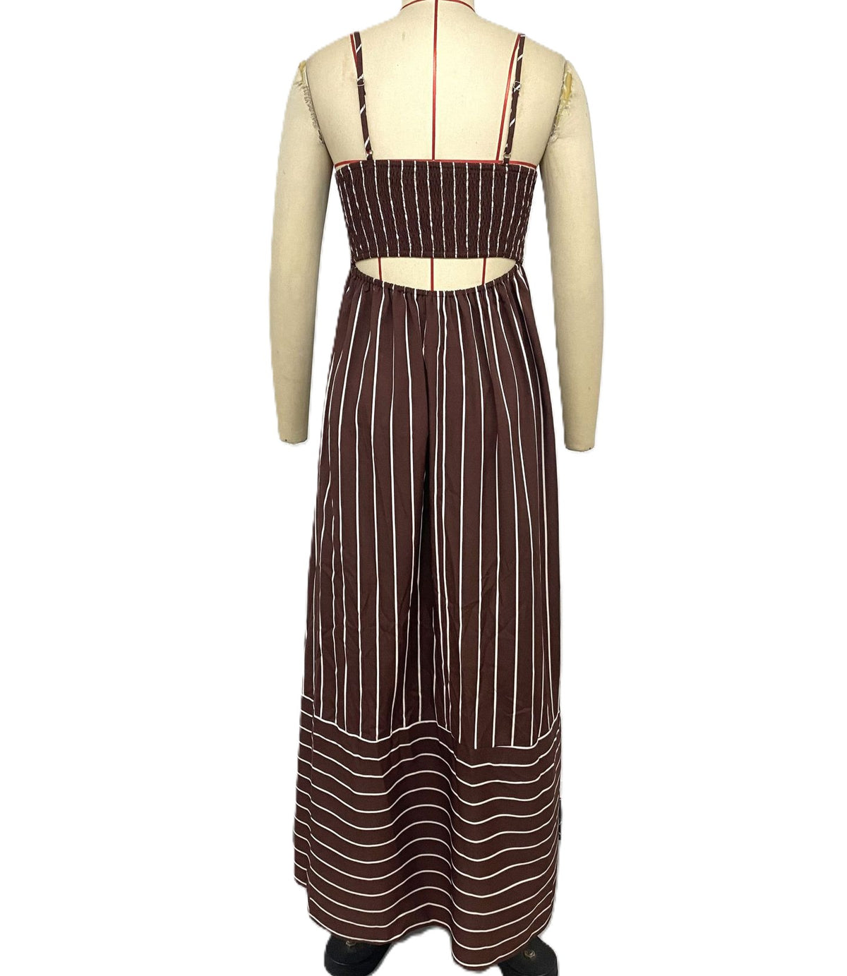 Vertical Stripe Backless Maxi Dress - Coffee - 2