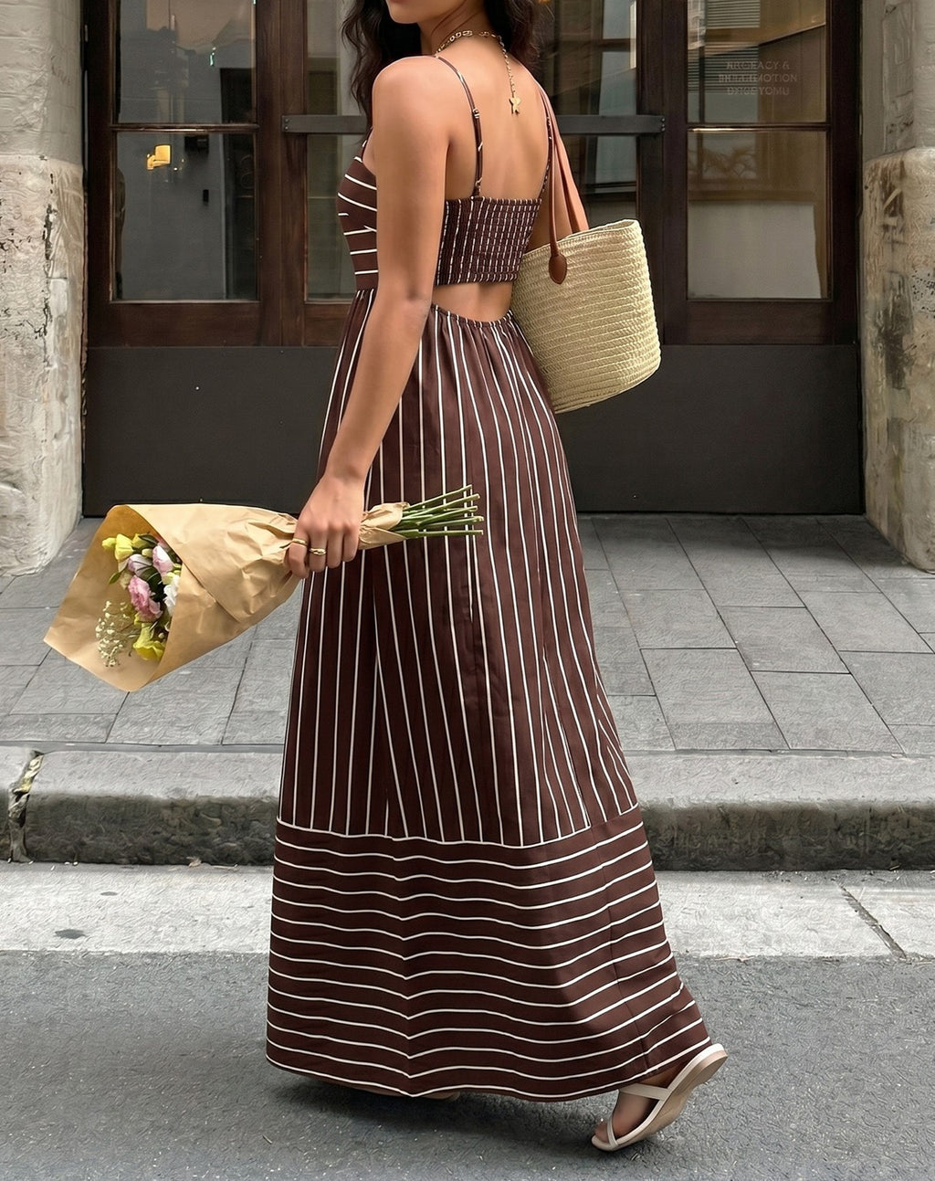 Vertical Stripe Backless Maxi Dress - Coffee - 3