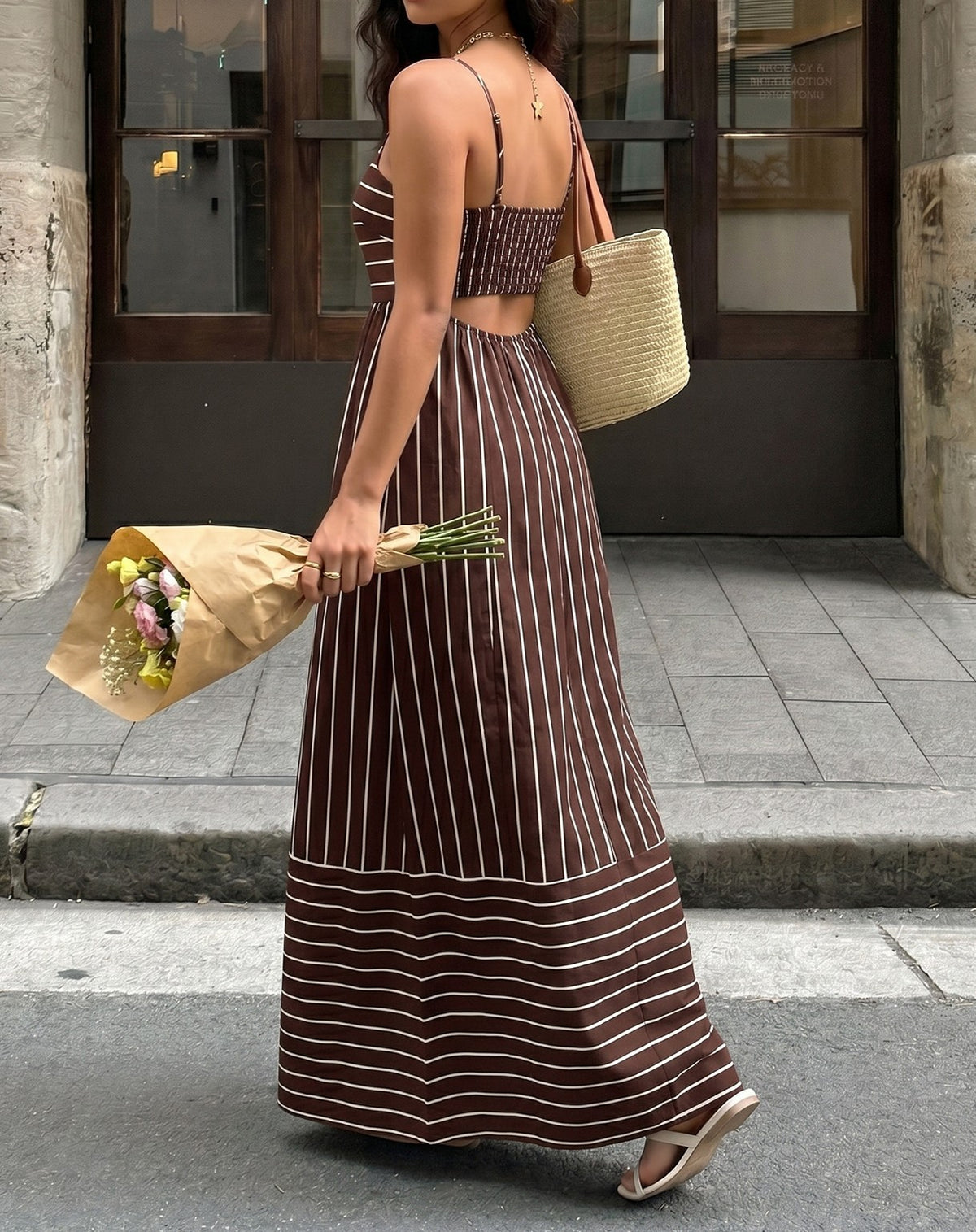 Vertical Stripe Backless Maxi Dress - Coffee - 3