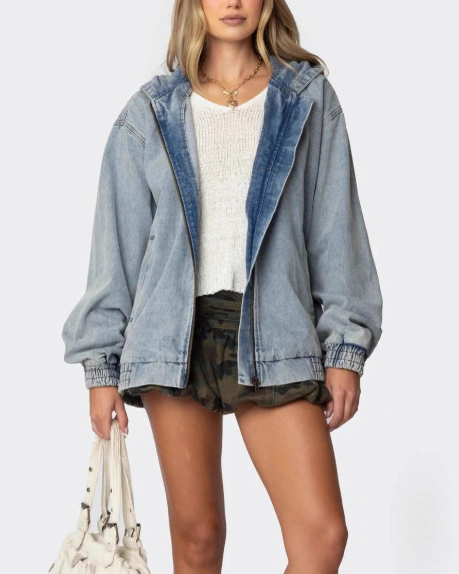 Hooded Zip Up Oversized Denim Jacket - Light-Blue