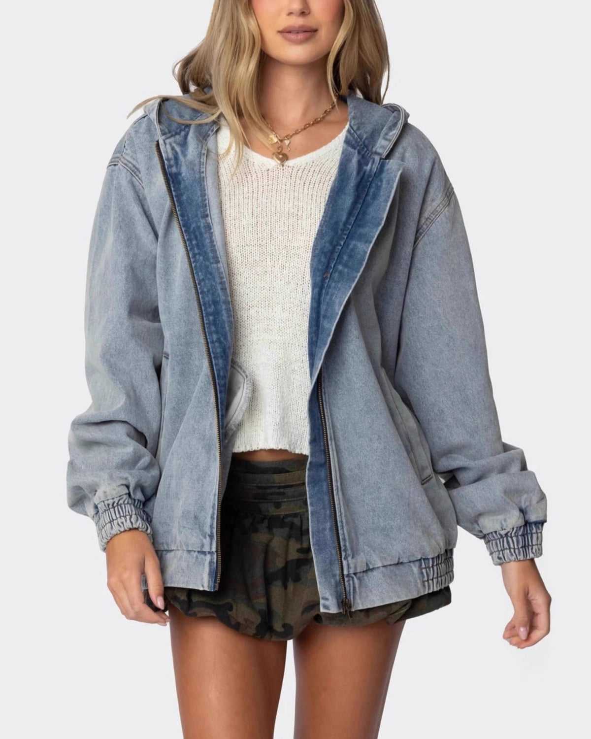 Hooded Zip Up Oversized Denim Jacket - Light-Blue - 1
