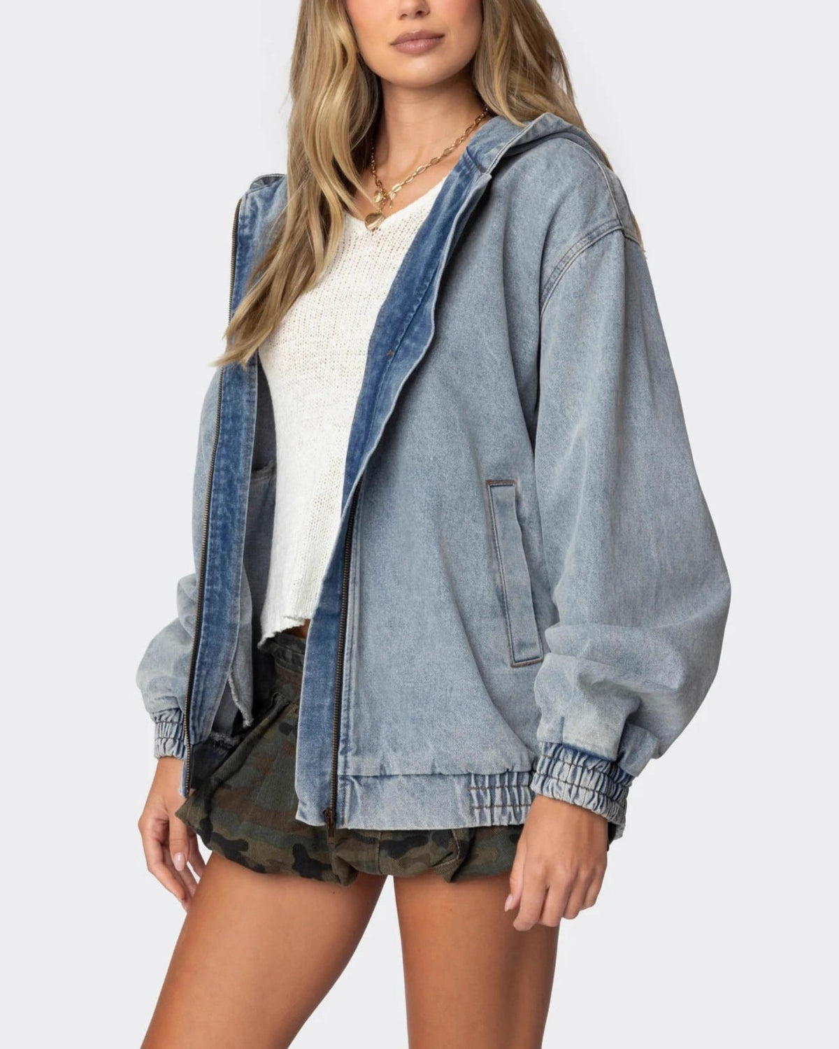 Hooded Zip Up Oversized Denim Jacket - Light-Blue - 2
