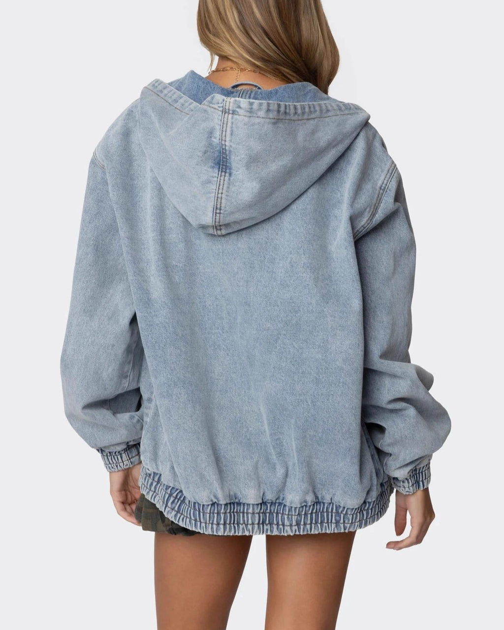 Hooded Zip Up Oversized Denim Jacket - Light-Blue - 3