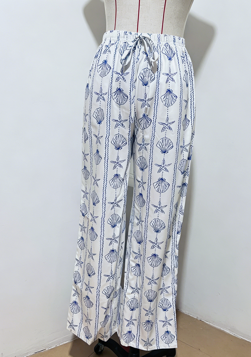 Seashell Print Wide Leg Drawstring Trousers - White - 1