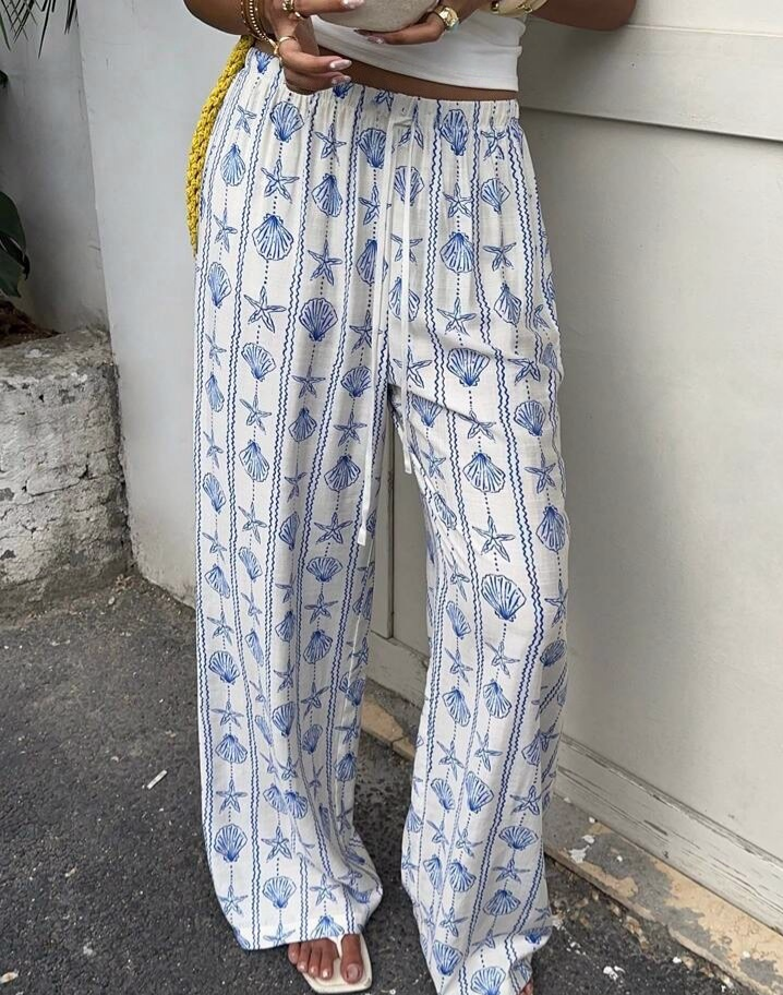 Seashell Print Wide Leg Drawstring Trousers - White - 2