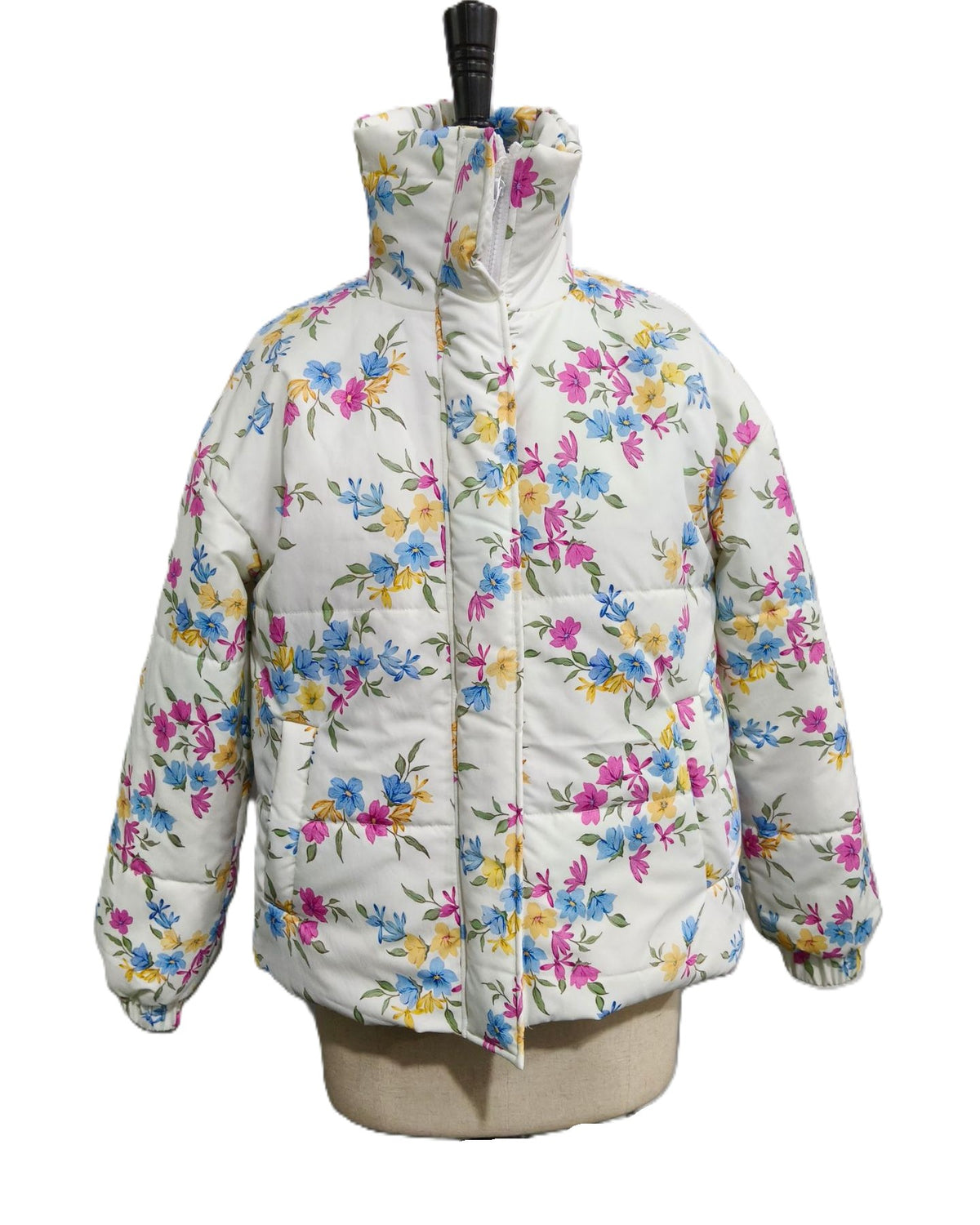 Ditsy Floral Oversized Zip Puffer Jacket - White - 1
