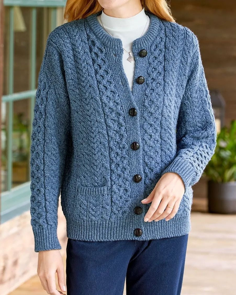 Chunky Cable Knit Button Front Cardigan - Blue