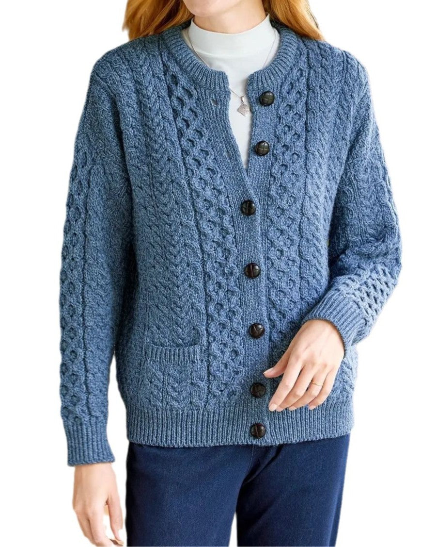 Chunky Cable Knit Button Front Cardigan - Blue - 1