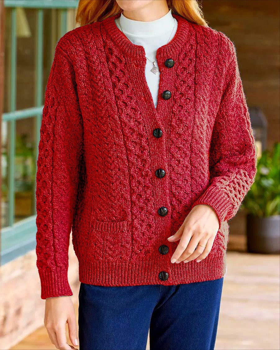 Chunky Cable Knit Button Front Cardigan - Red