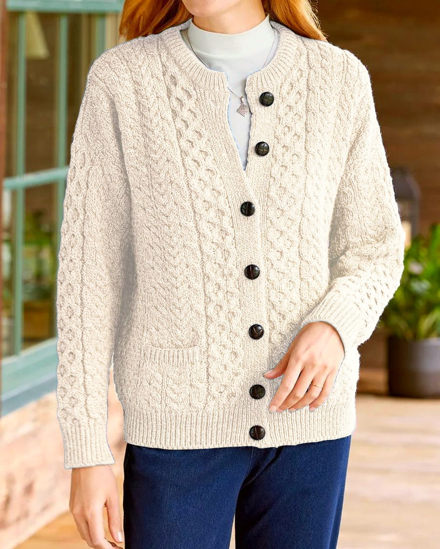 Chunky Cable Knit Button Front Cardigan - White
