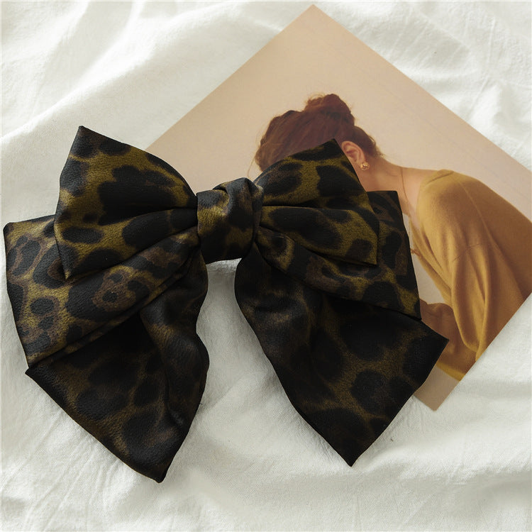 Oversized Leopard Satin Hair Bow Barrette - Moss
