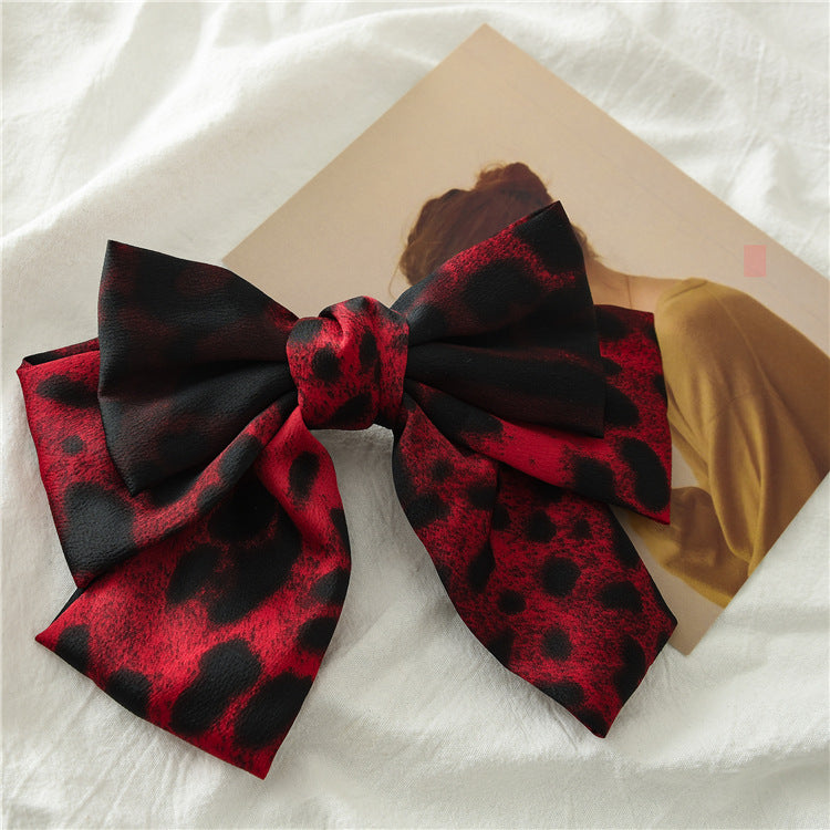 Oversized Leopard Satin Hair Bow Barrette - Red