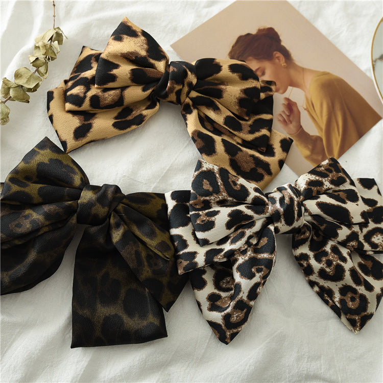 Oversized Leopard Satin Hair Bow Barrette - view 2