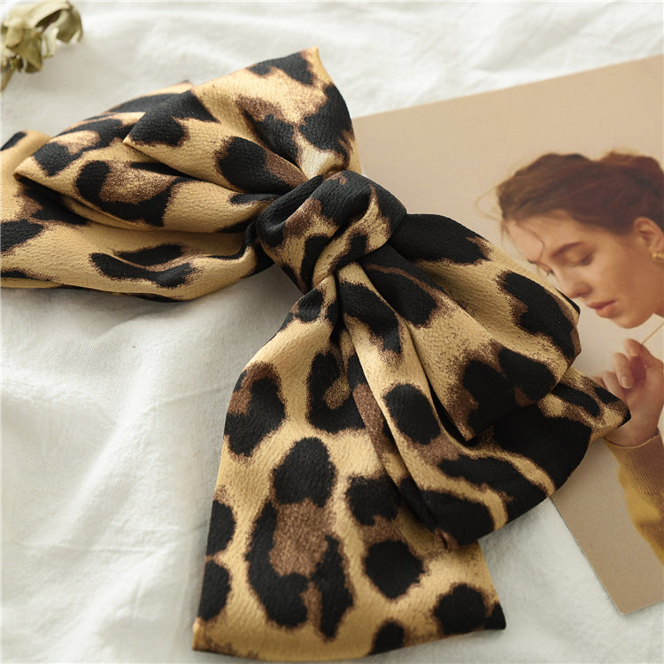 Oversized Leopard Satin Hair Bow Barrette - view 3