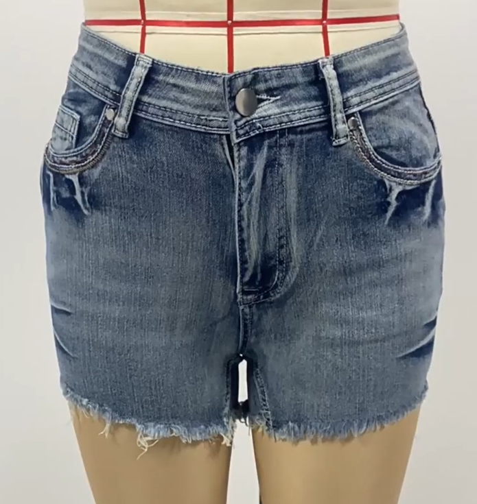 Embroidered Pocket Frayed Hem Denim Shorts - Blue - 1