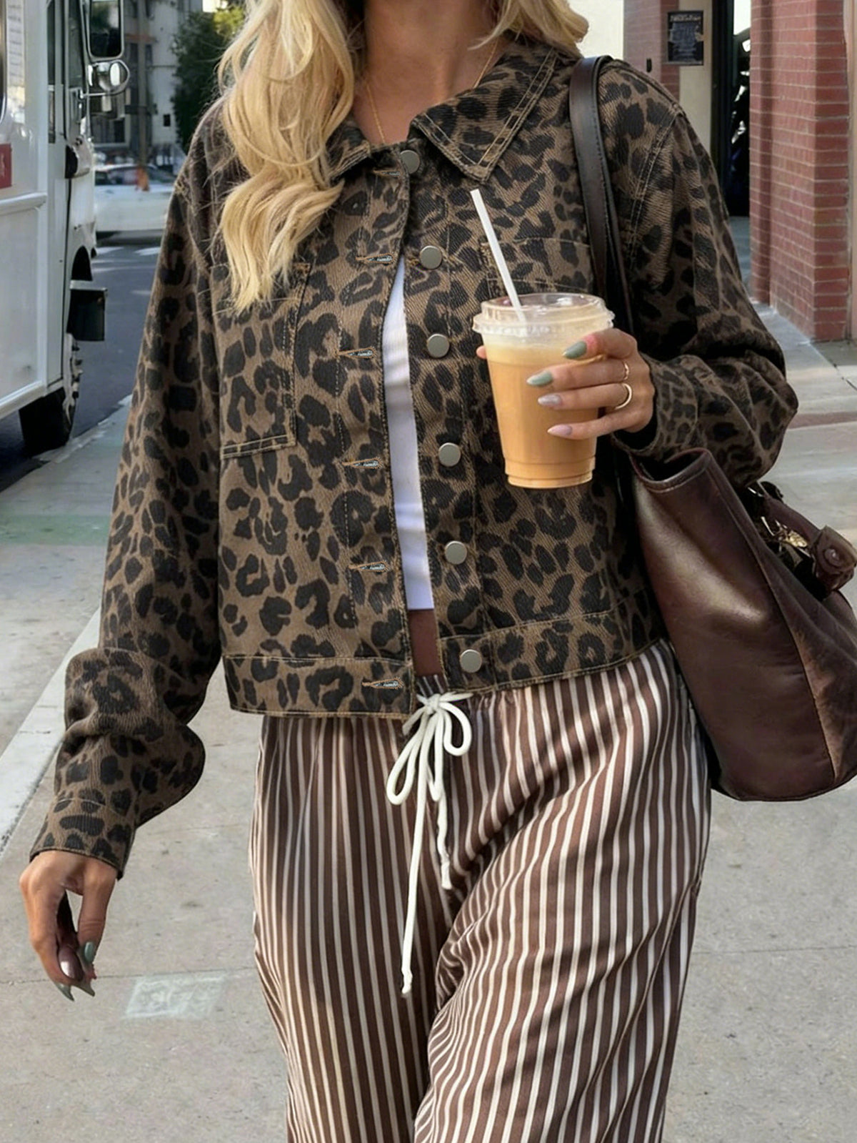 Cropped Leopard Print Button Up Denim Jacket - Leopard
