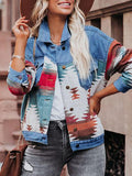 Distressed Aztec Patchwork Cropped Denim Jacket - Blue