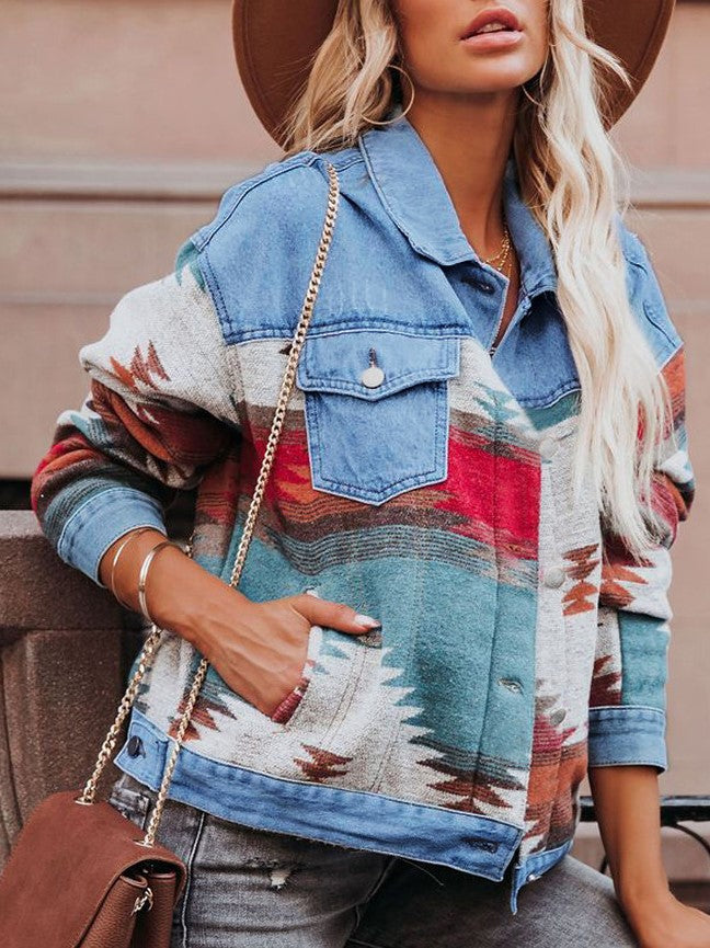 Distressed Aztec Patchwork Cropped Denim Jacket - Blue - 1