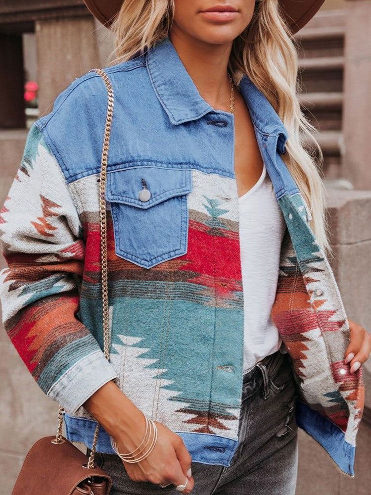 Distressed Aztec Patchwork Cropped Denim Jacket - Blue - 2