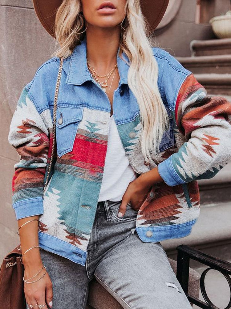 Distressed Aztec Patchwork Cropped Denim Jacket - Blue - 3