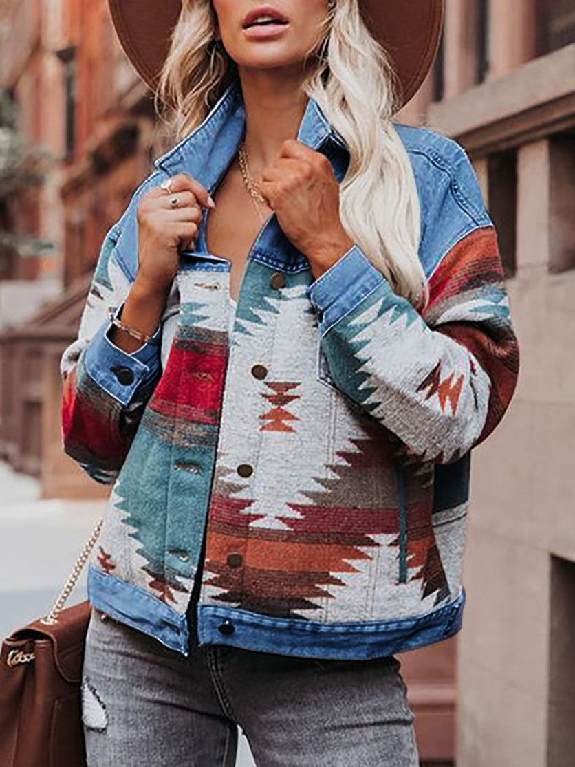 Distressed Aztec Patchwork Cropped Denim Jacket - Blue - 4