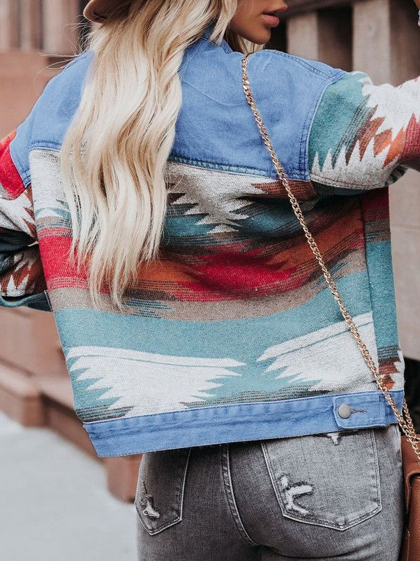 Distressed Aztec Patchwork Cropped Denim Jacket - Blue - 5