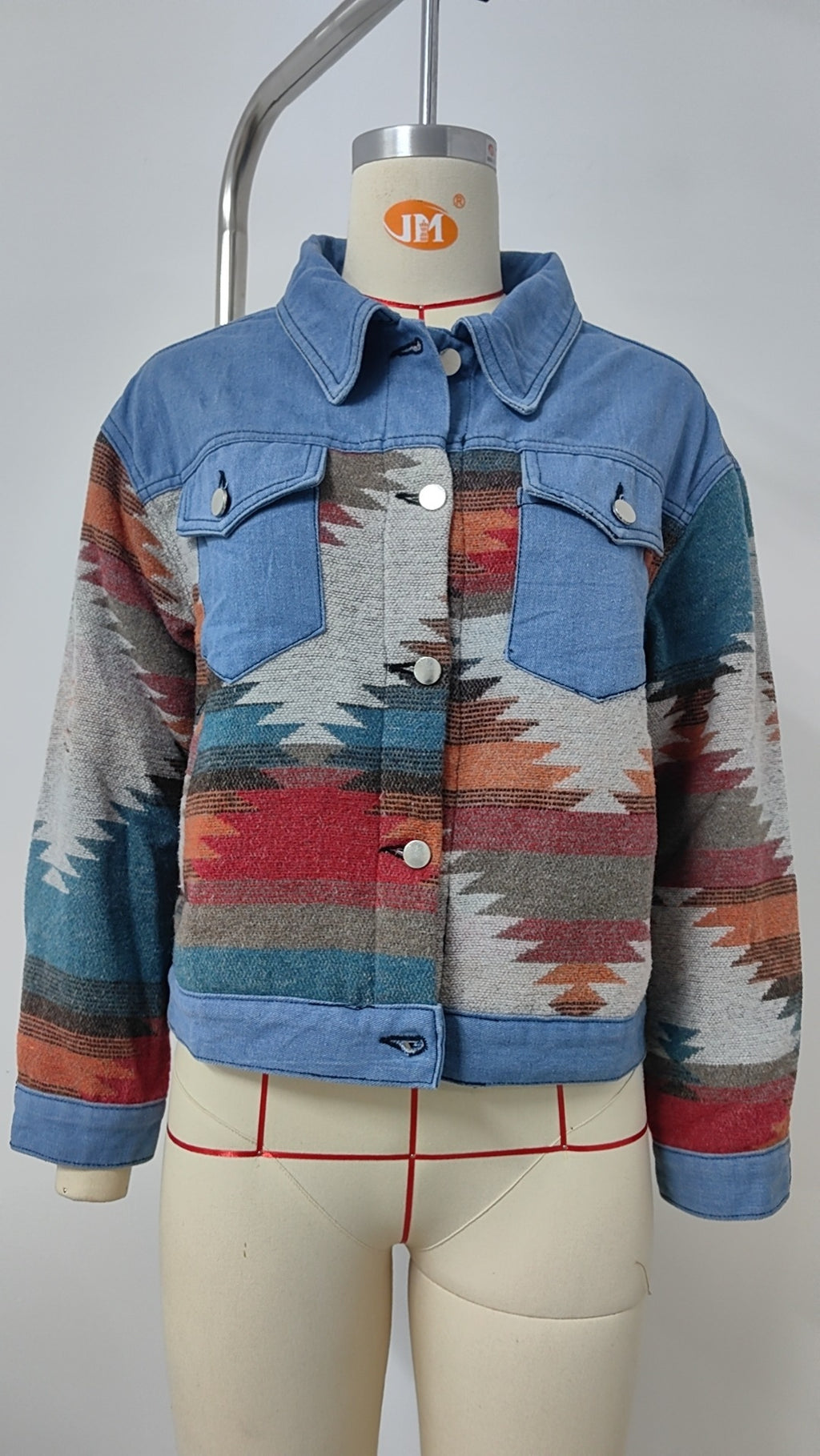 Distressed Aztec Patchwork Cropped Denim Jacket - Blue - 6