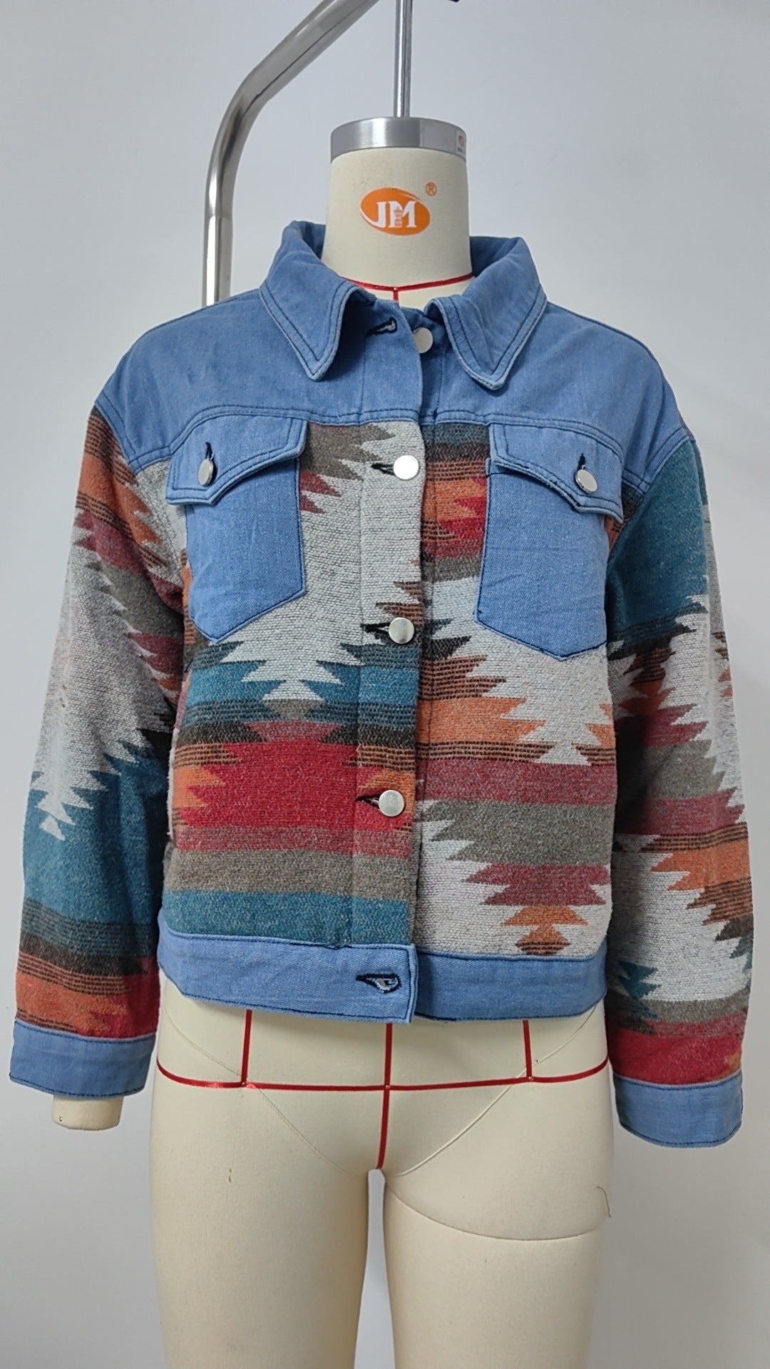 Distressed Aztec Patchwork Cropped Denim Jacket - Blue - 6