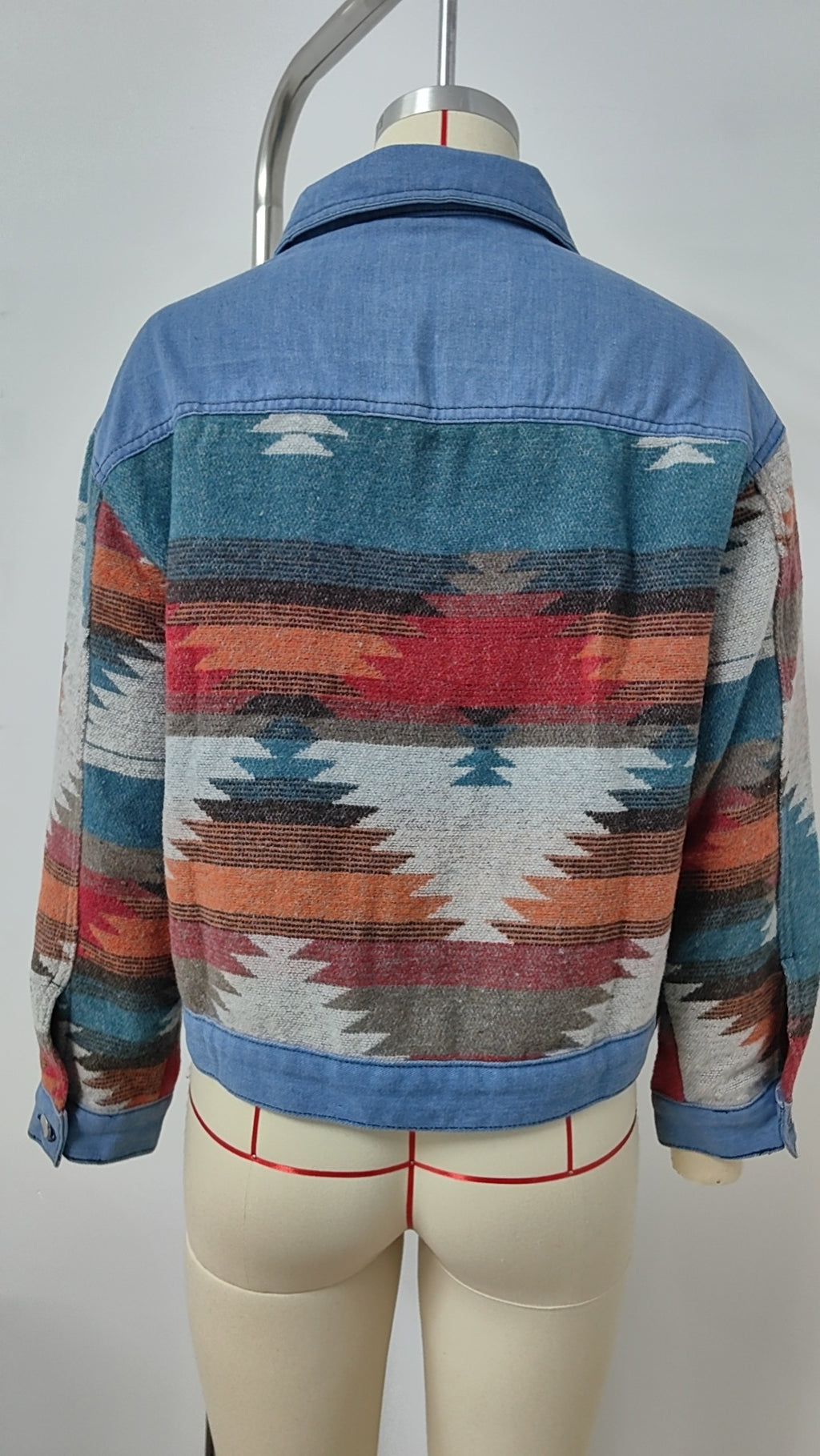 Distressed Aztec Patchwork Cropped Denim Jacket - Blue - 8