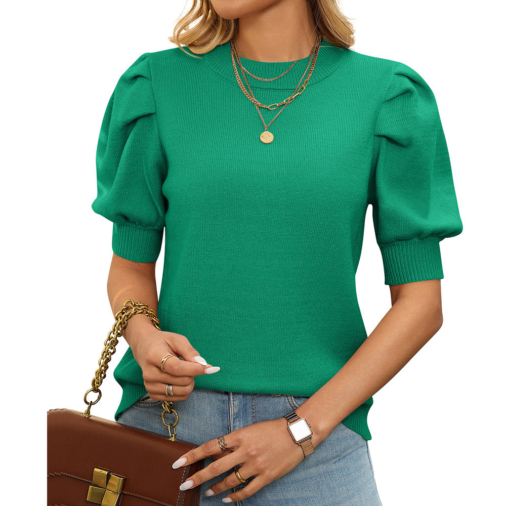 Puff Sleeve Mock Neck Knit Top - Green