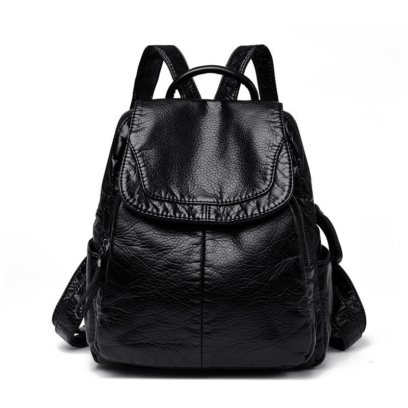 Soft Washed Faux Leather Flap Backpack - Black
