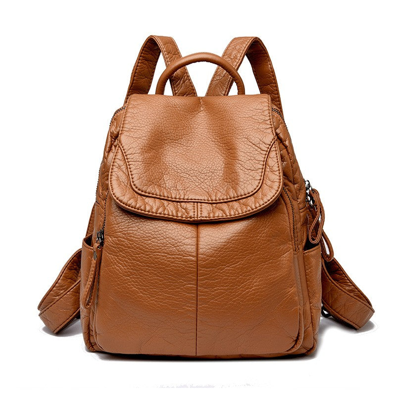 Soft Washed Faux Leather Flap Backpack - Cognac