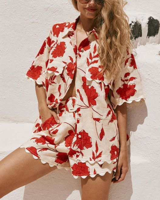 Poppy Floral Scalloped Shirt and Shorts Set - Floral - 1
