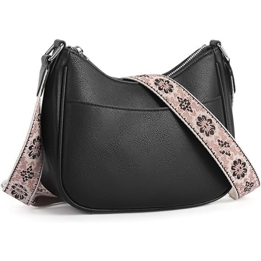 Embroidered Strap Crossbody Shoulder Bag - Black