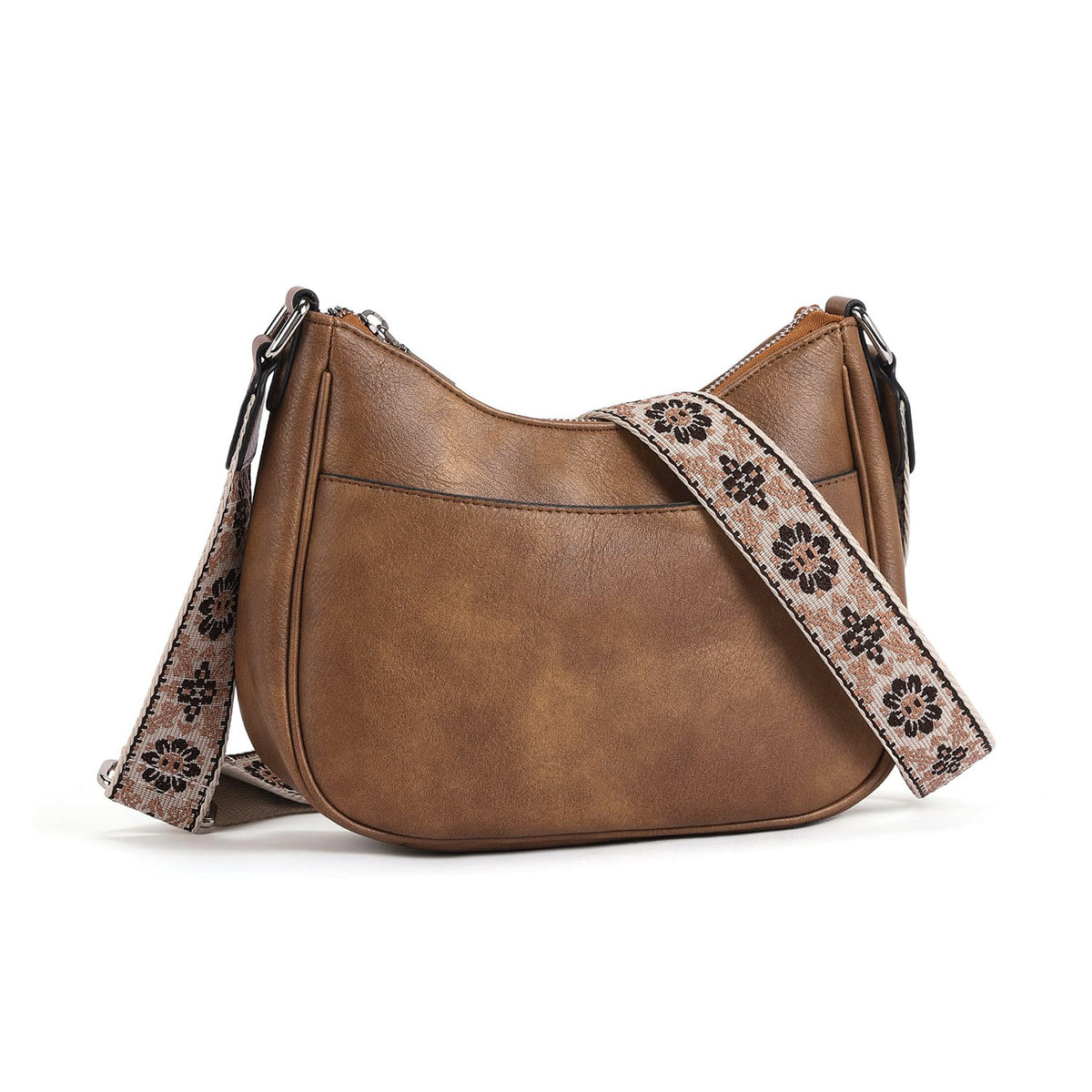 Embroidered Strap Crossbody Shoulder Bag - Brown