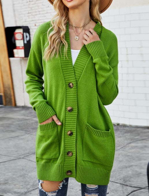 Longline Button Front Cardigan With Pockets - Green