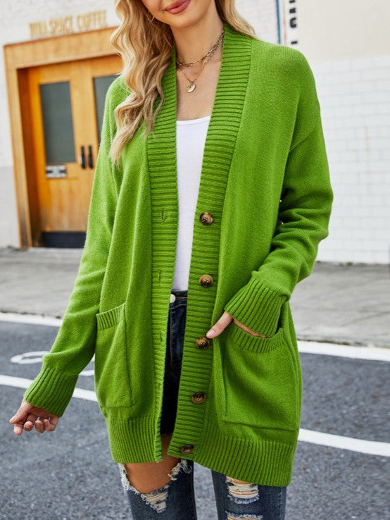 Longline Button Front Cardigan With Pockets - Green - 1