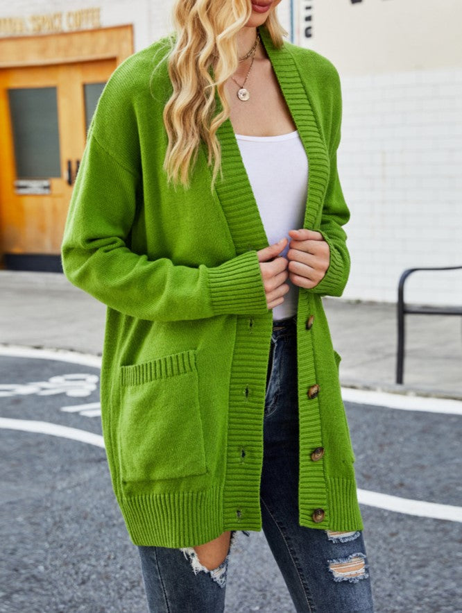 Longline Button Front Cardigan With Pockets - Green - 2